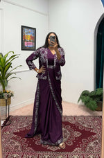 Thumbnail for Teeya Creation Wine Color Chinon Silk Wedding Wear Ready To Wear Saree With Koti - Distacart