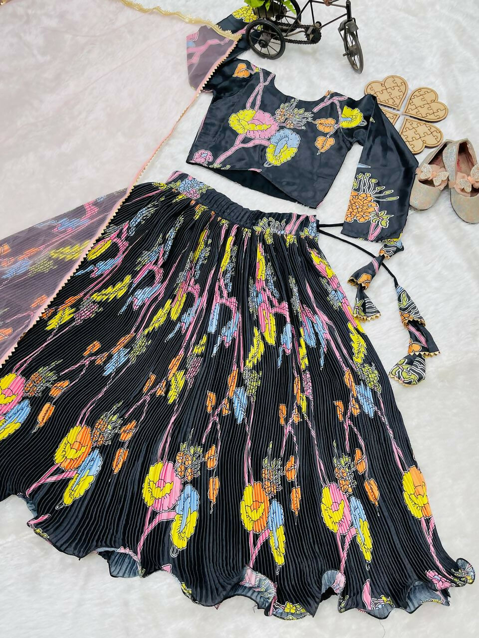Divine Drape Girl's Chinon Silk Digital Print Lehenga Choli - Black