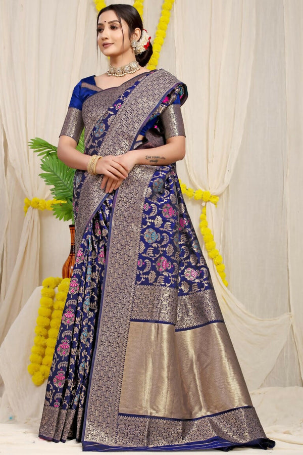 Jyoti Fashion Women's Navy Blue Kanjivaram Silk Zari Woven Saree with Blouse - Distacart