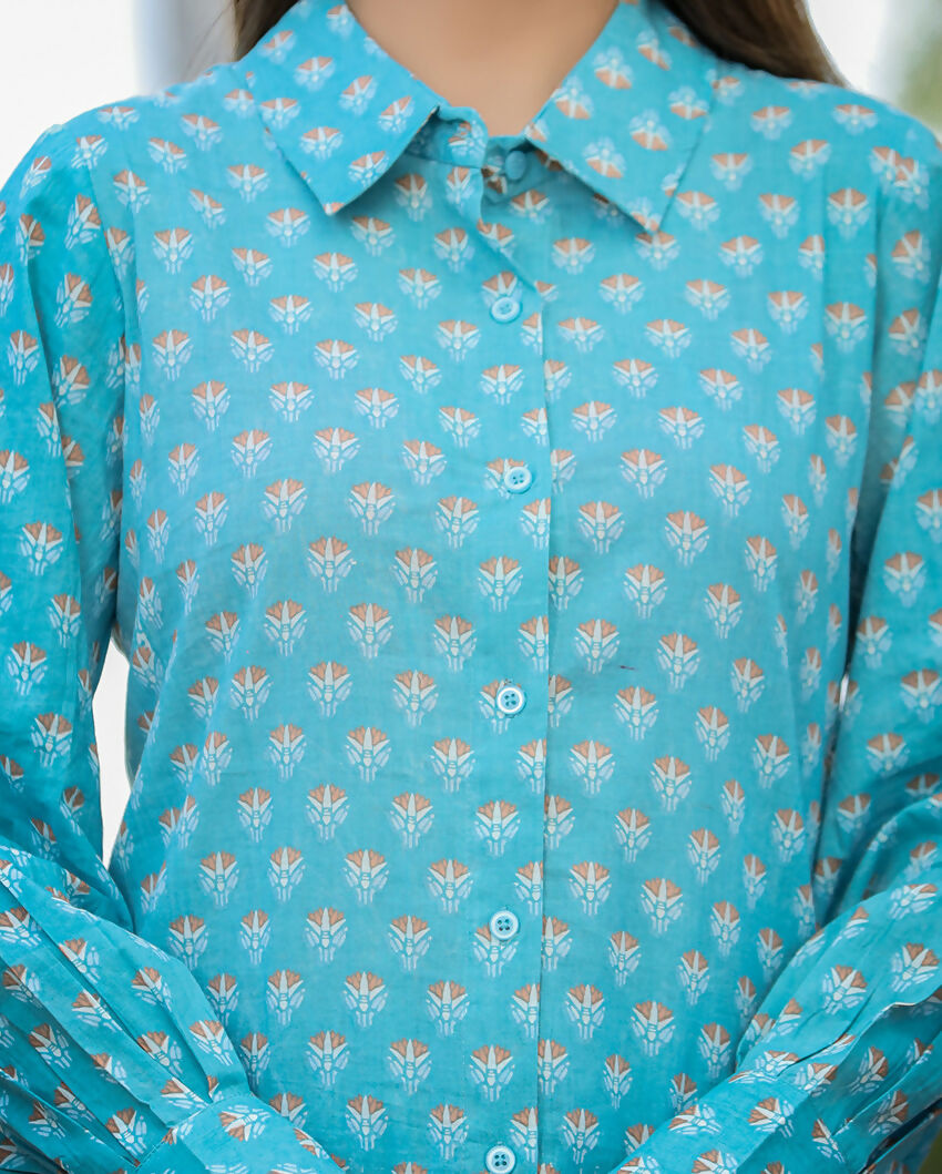 Kaajh Women's Sky Blue Printed Cotton Kurta Pant Set - Distacart