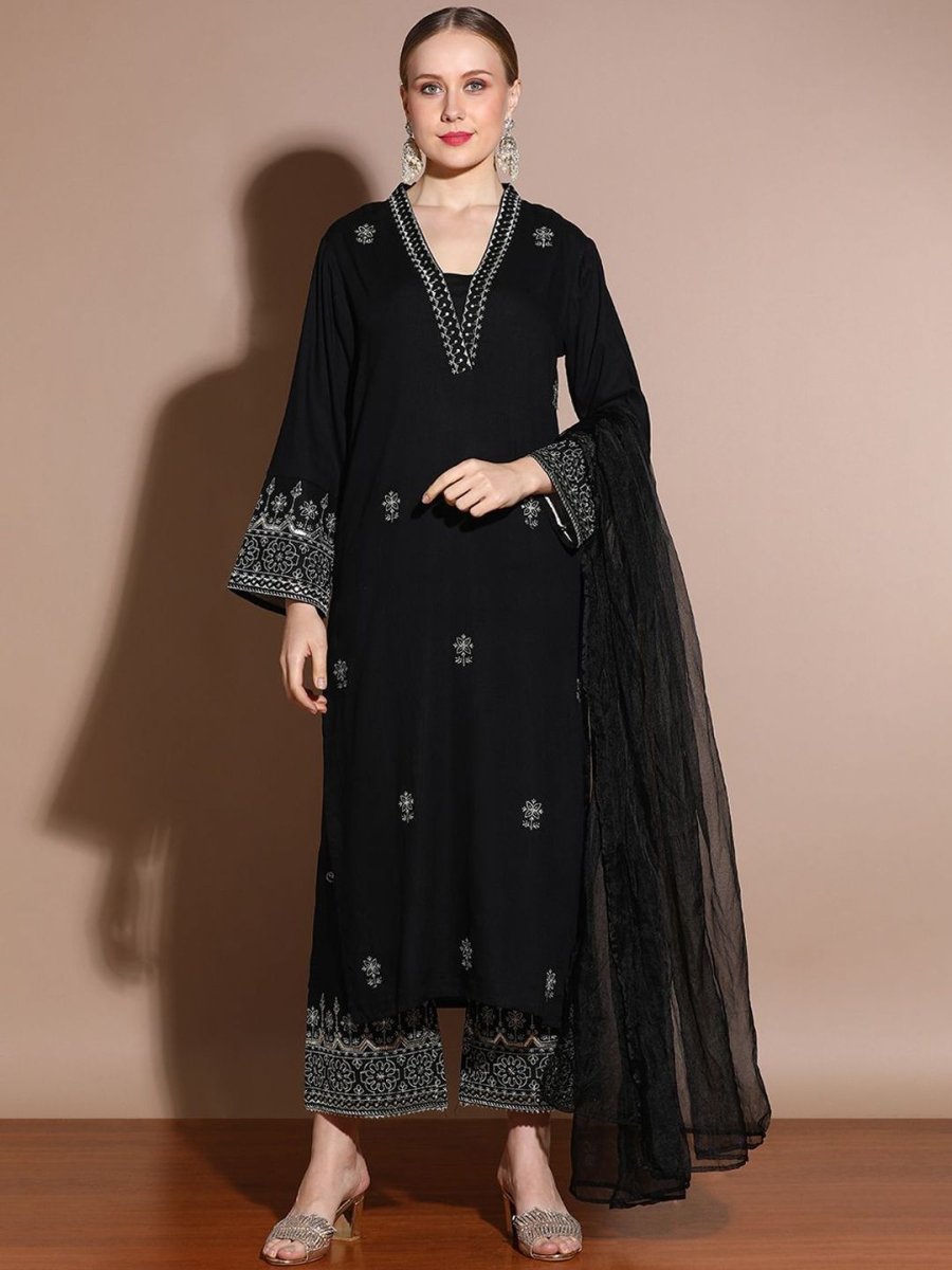 Anouk Floral Embroidered Regular Sequinned Straight Kurta with Palazzos & Dupatta - Distacart