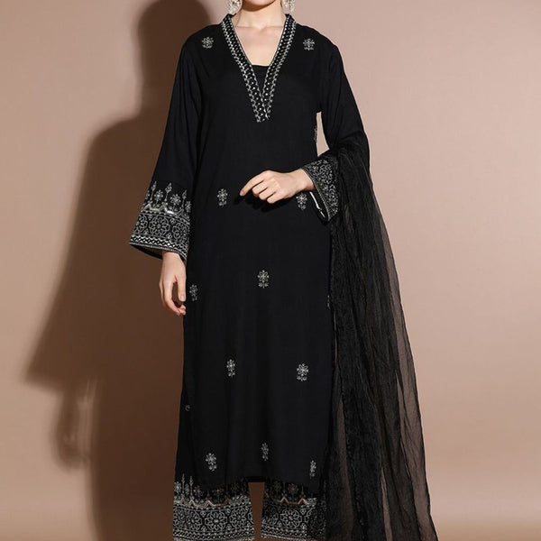 Anouk Floral Embroidered Regular Sequinned Straight Kurta with Palazzos & Dupatta - Distacart