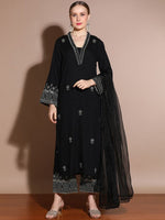 Thumbnail for Anouk Floral Embroidered Regular Sequinned Straight Kurta with Palazzos & Dupatta
