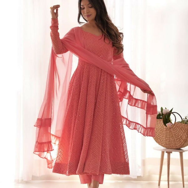 Joban Fashion Peach Kurta Set Georgette Sequence Embroidery Work