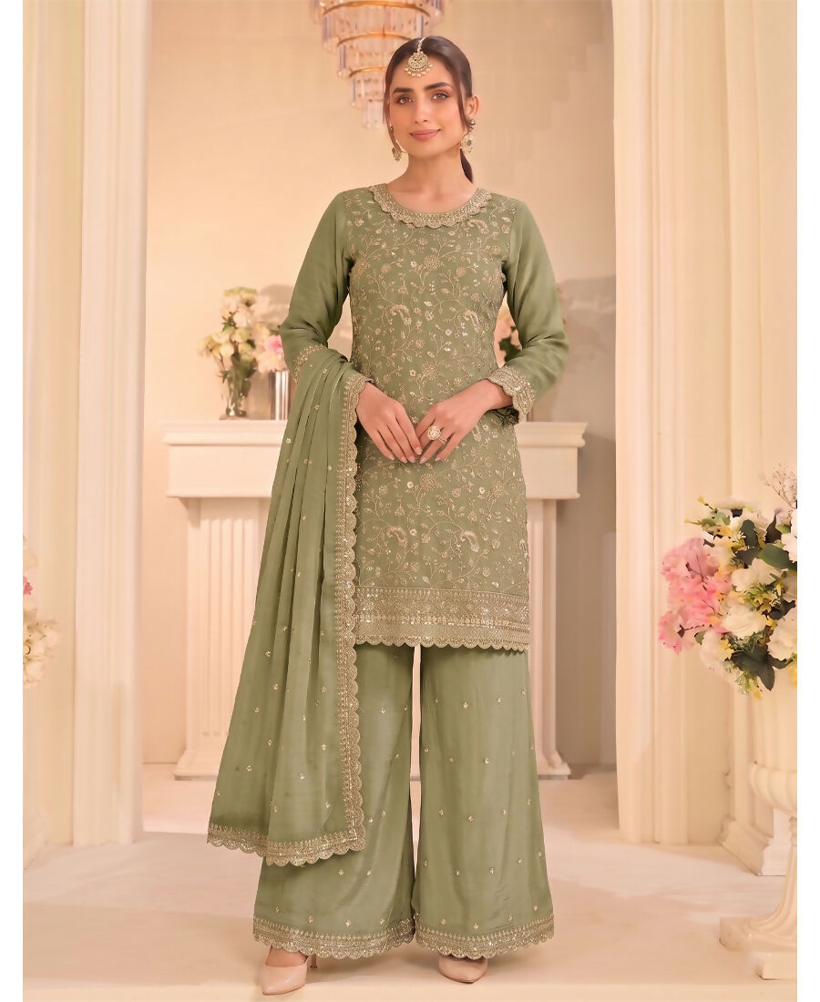 KC Pista Green Vichitra Silk Palazzo Suit For Women Festival Wear - Dista