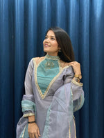 Thumbnail for Anaita Blue Roman Shimmer Readymade Kurti Set with Designer Handwork - Distacart