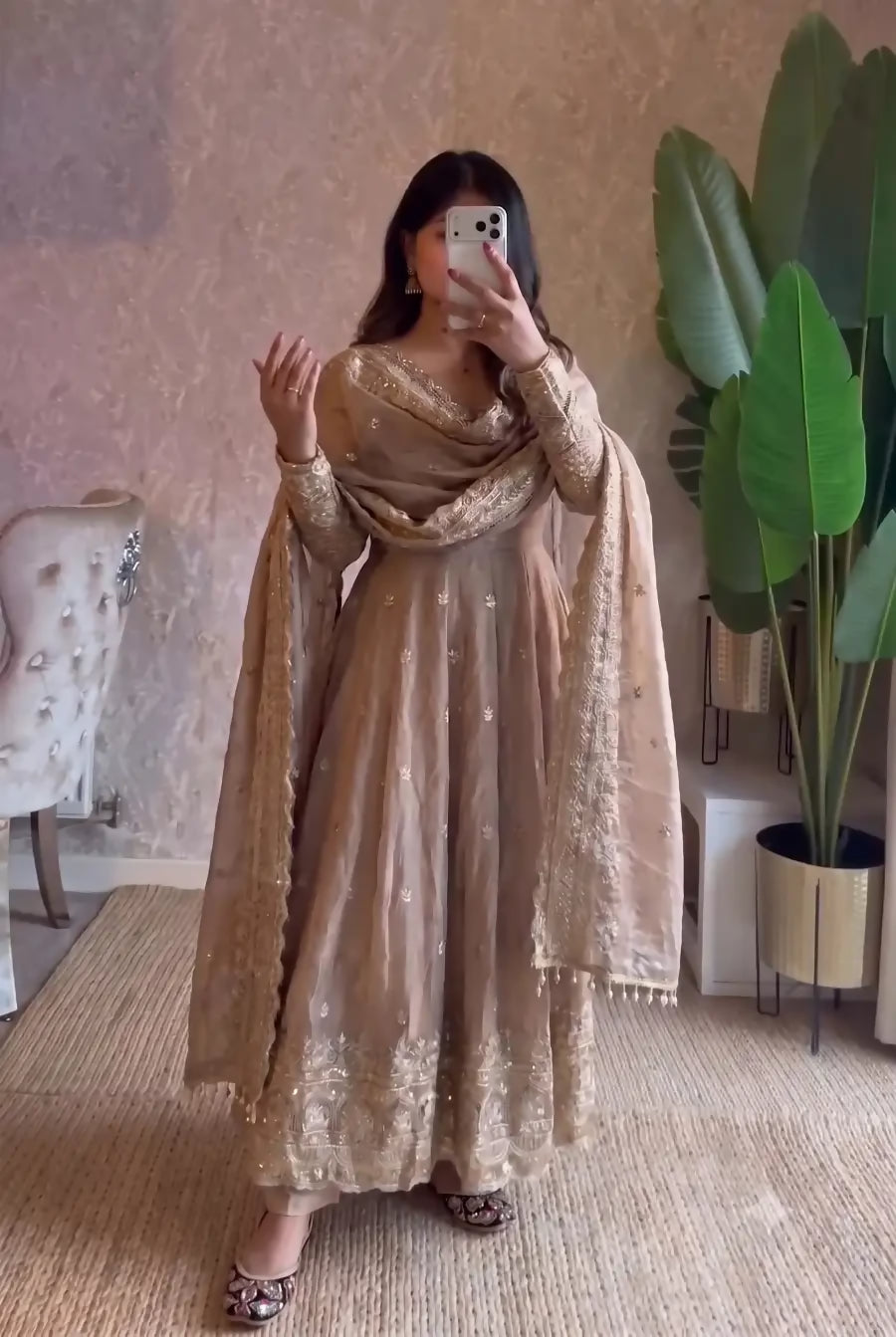 Teeya Creation Cream Heavy Sequins Work Partywear Anarkali Suit Set