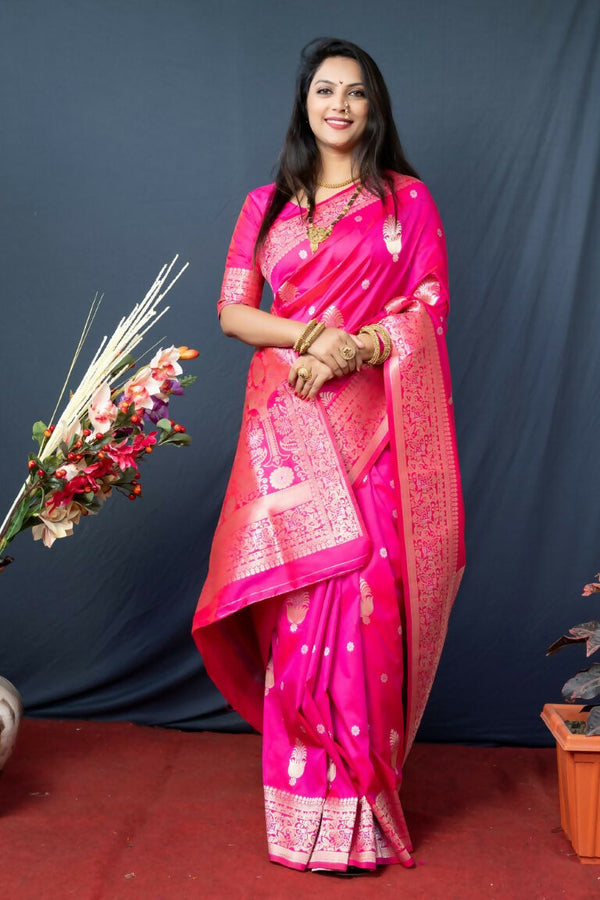 Jyoti Fashion Women's Pink Paithani Silk Zari Woven Saree with Blouse - Distacart