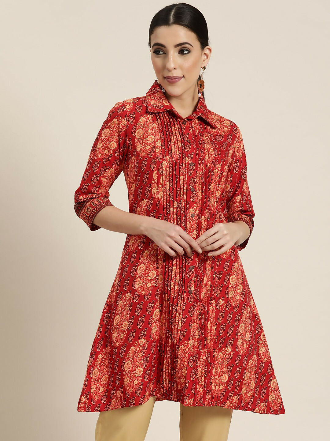 Juniper Red Ethnic Motif Printed Rayon A-Line Kurta with Buttons - Distacart