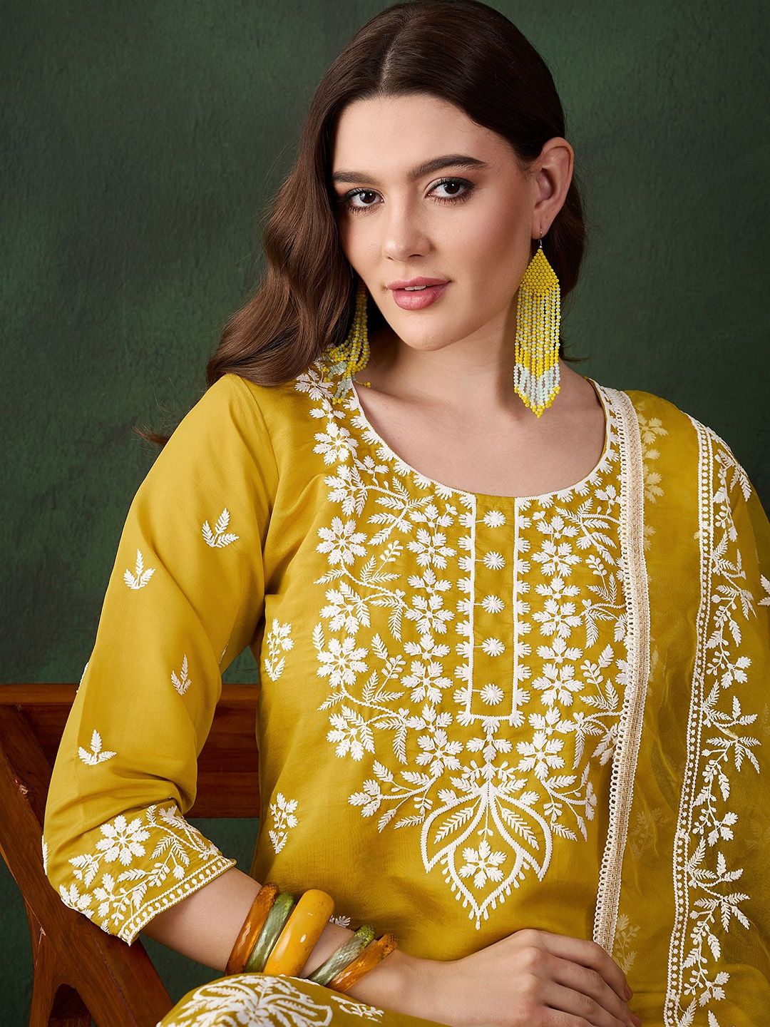Sangria Mustard Yellow Floral Embroidered Thread Work Kurta & Trouser With Dupatta - Distacart