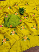 Thumbnail for Teeya Creation Yellow Rangoli Silk Embroidery Work Party Wear Designer Saree - Distacart