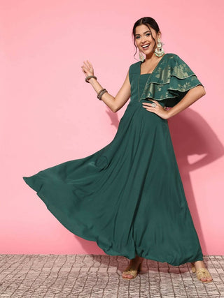 Ahalyaa Gorgeous Green Ethnic Motifs Ruffled Dress - Distacart