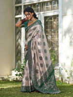 Thumbnail for Shree Shyam Fashion Cream With Dark Green Silk Blend Saree - Distacart