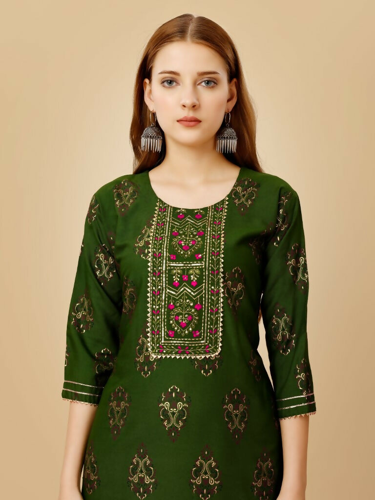 Jyoti Fashion Women's Green Viscose Rayon Embroidered Kurta Pant Set - Distacart