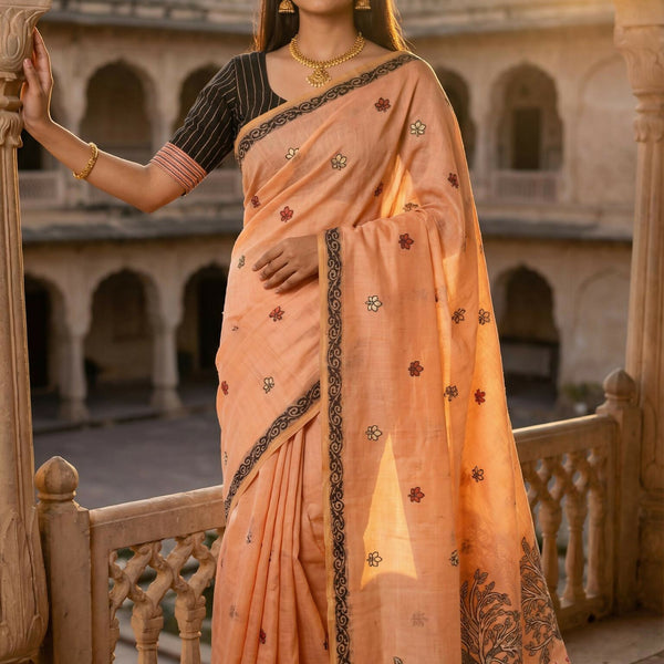 Vastranavya Peach Muga Cotton Meenakari & Azarakh Pallu Saree with Contrast Blouse - Distacart