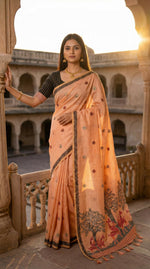 Thumbnail for Vastranavya Peach Muga Cotton Meenakari & Azarakh Pallu Saree with Contrast Blouse - Distacart