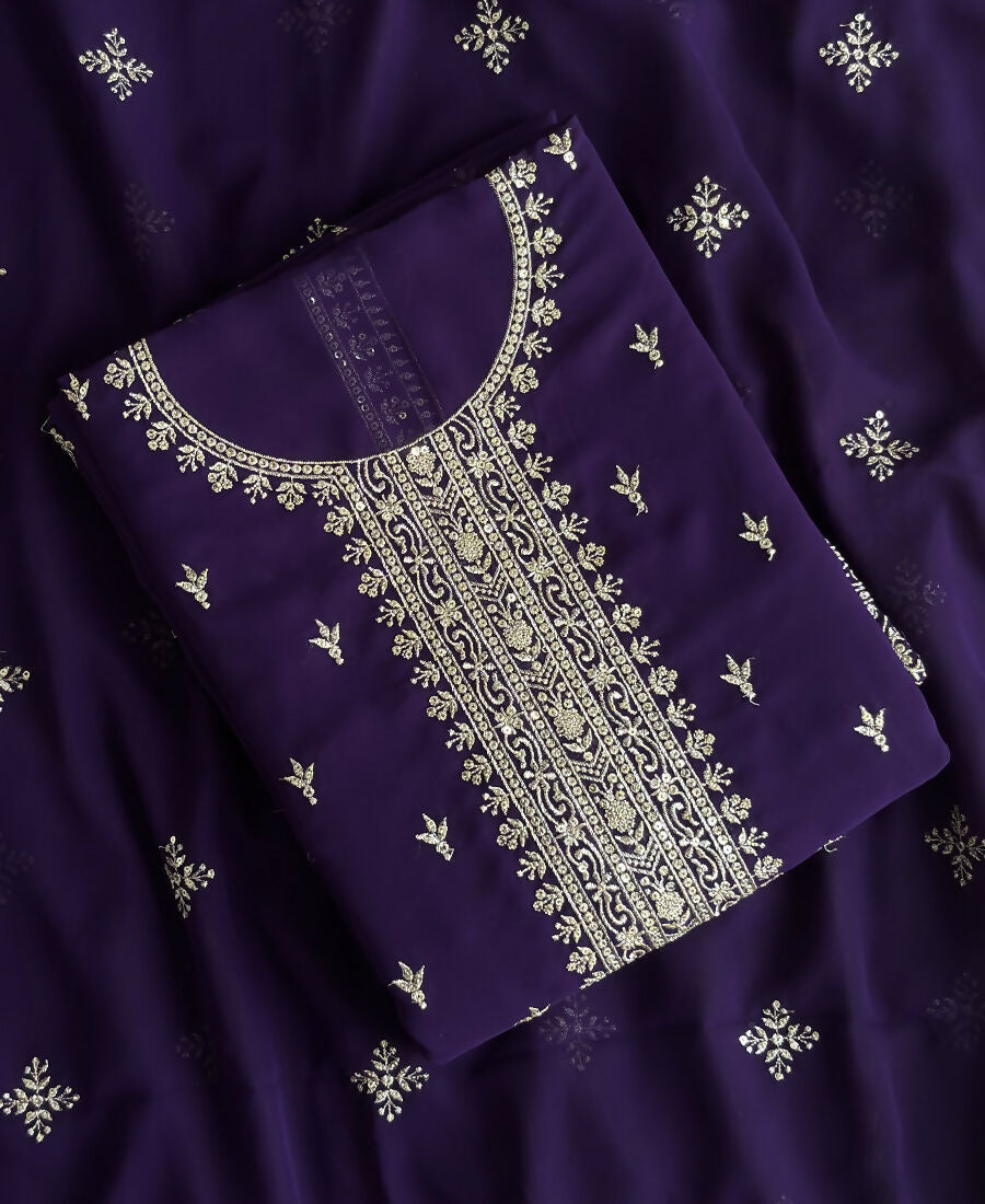 KC Purple Georgette Straight Suit With Heavy Embroidery - Dista