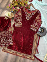 Thumbnail for Vastranavya Maroon Viscose Velvet Cording Sequence Embroidery Work Suit With Dupatta