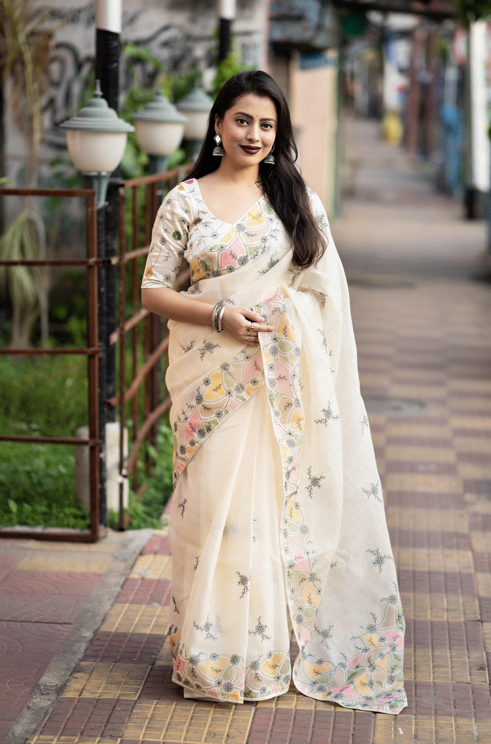 Cream Pure Linen Ethnic Motifs Saree with Unstitched Blouse - Hiral Fashion - Distacart