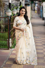 Thumbnail for Cream Pure Linen Ethnic Motifs Saree with Unstitched Blouse - Hiral Fashion - Distacart
