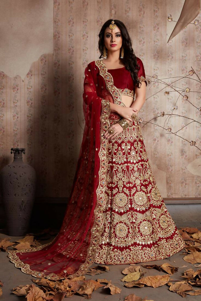 Jyoti Fashion Mesmerizing Red Sequins Embroidered Velvet Lehenga Choli with Dupatta - Distacart