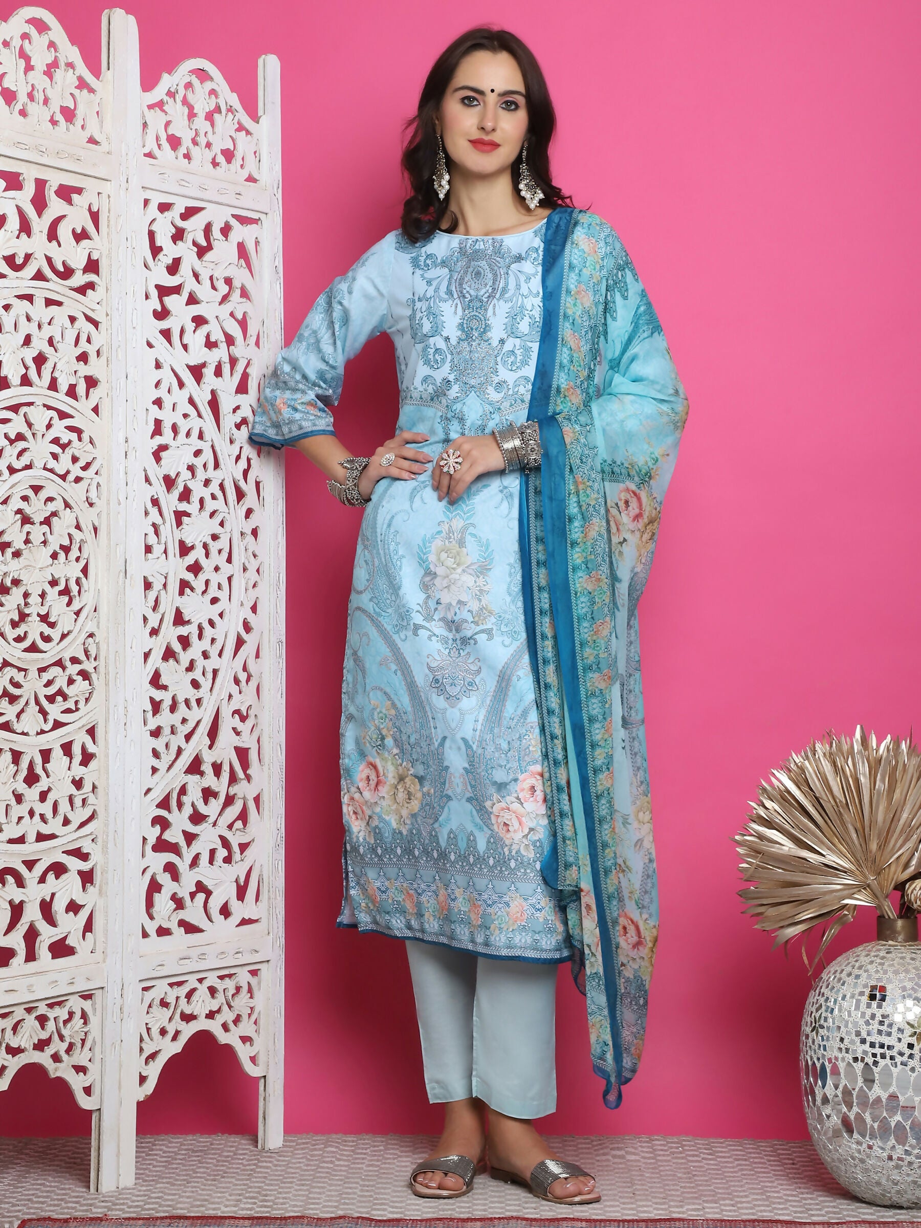 Jyoti Fashion Women's Turquoise Satin Traditional Digital Print with Crystal work Kurta with Trouser & Dupatta - Distacart