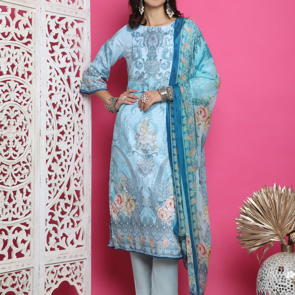 Jyoti Fashion Women's Turquoise Satin Traditional Digital Print with Crystal work Kurta with Trouser & Dupatta - Distacart