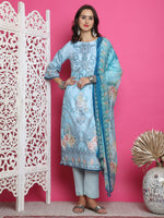 Thumbnail for Jyoti Fashion Women's Turquoise Satin Traditional Digital Print with Crystal work Kurta with Trouser & Dupatta - Distacart