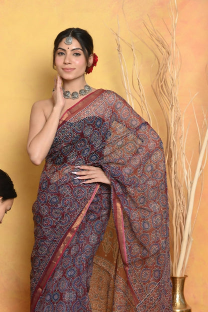 Very Much Indian Pure Kota Cotton Handblock Printed Saree - Grey - Distacart