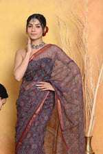 Thumbnail for Very Much Indian Pure Kota Cotton Handblock Printed Saree - Grey - Distacart