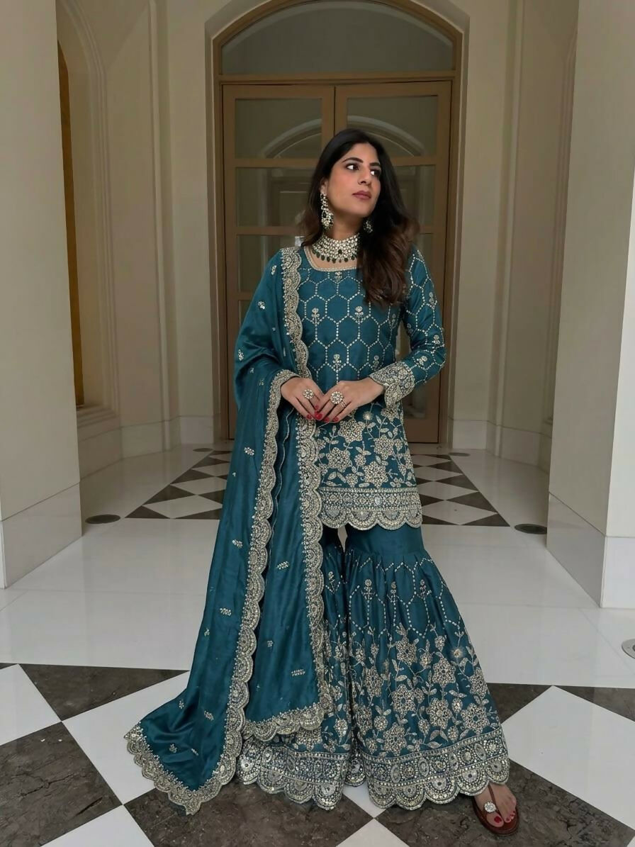 Teeya Creation New Trendy Latest Designer Embroidery Sharara Kurta Set -Teal - Dista