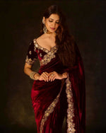 Thumbnail for Joban Fashion Maroon 9000 Velvet Party Wear Sarees - Distacart