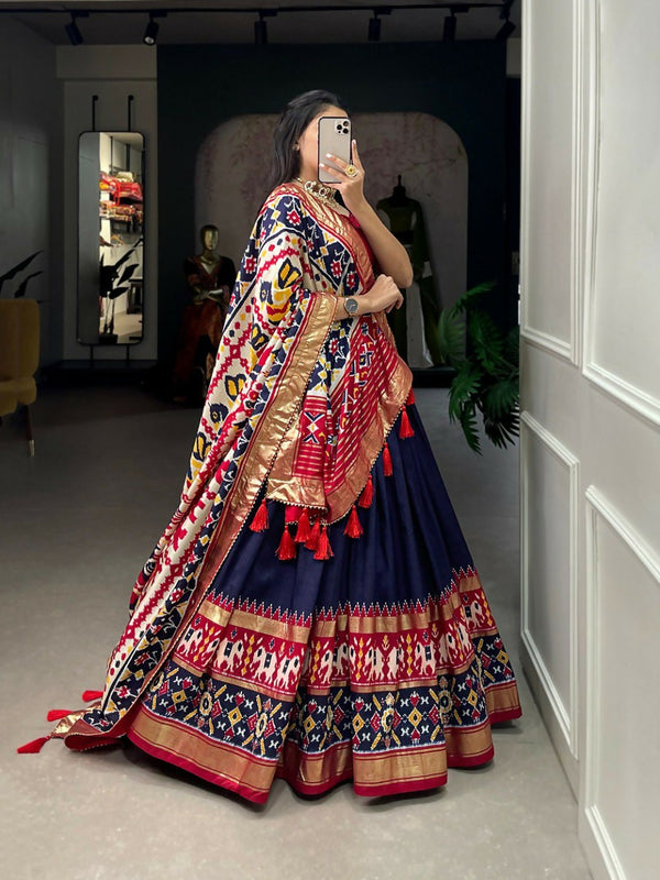 Preksha Creation Tusser Silk With Patola Print With Foil Print Women Lehenga Choli - Blue - Distacart