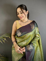 Thumbnail for Joban Fashion Olive Green Intricate Zari Weaving Soft Silk Dharmavaram Saree - Dista