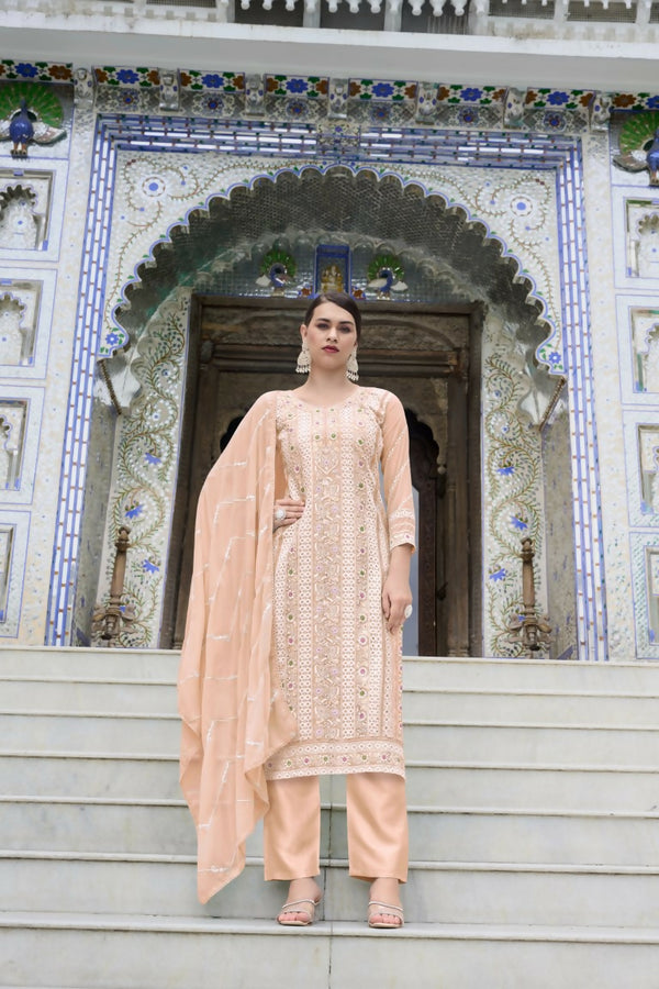 Jyoti Fashion Women's Peach Faux Georgette Heavy Embroidery and Moti Work Kurta Set - Distacart