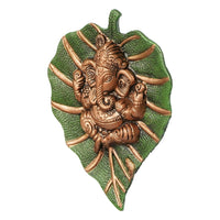 Thumbnail for eCraftIndia Metal Golden Lord Ganesha On Green Leaf Wall Hanging Sculpture - Distacart