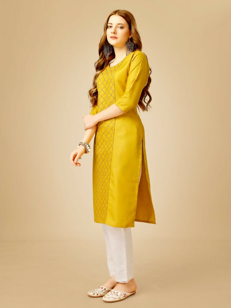 Jyoti Fashion Women's Yellow Cotton Blend Embroidered Kurta Pant Set - Distacart