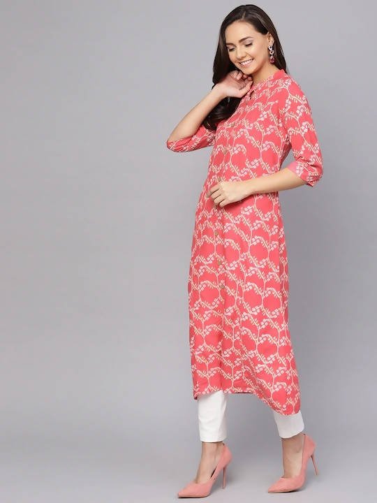 Anubhutee Coral Pink & Off-White Printed A-Line Kurta - Distacart