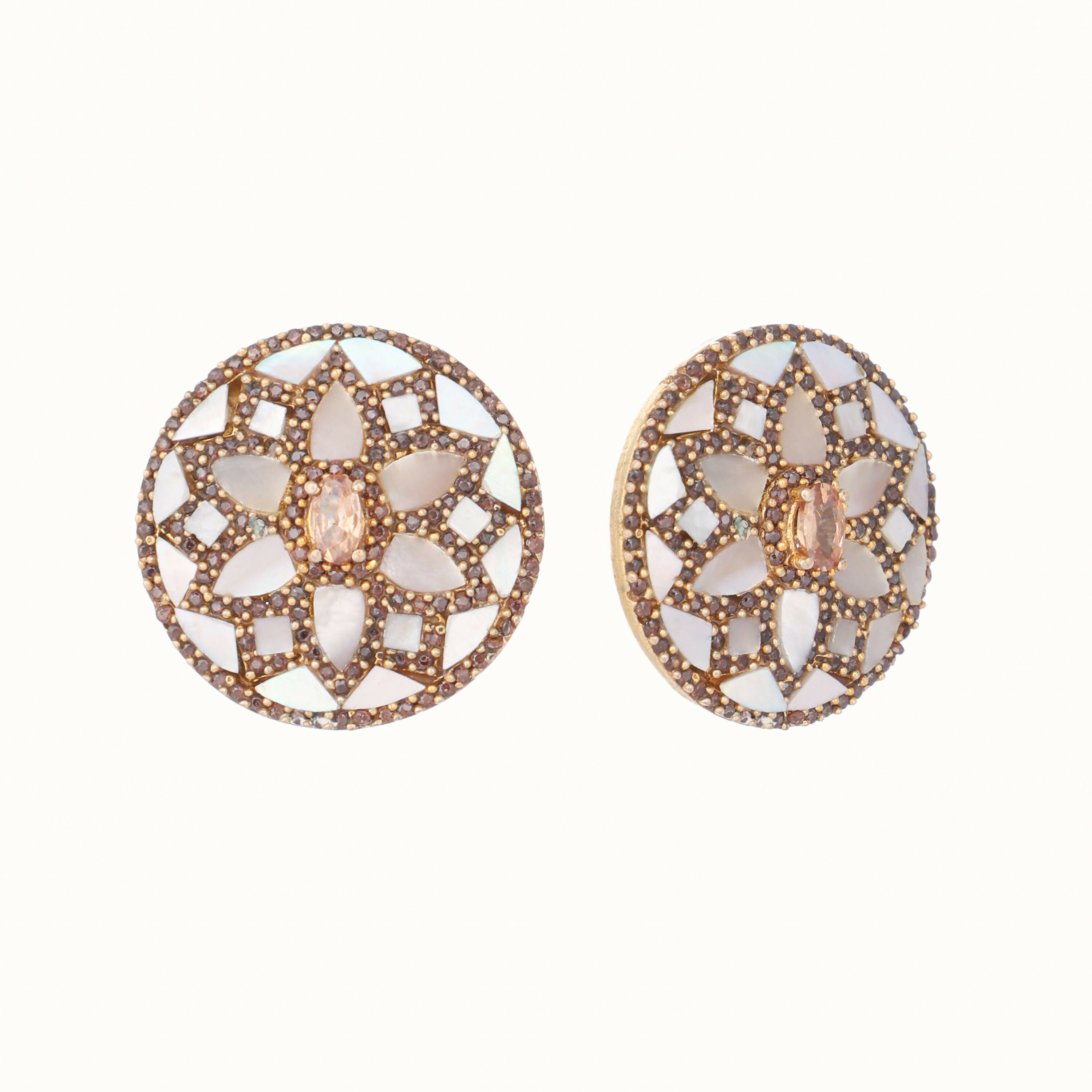 Nuyug 22K Gold Plated Mother of Pearls and Stone Studded Contemporary Floral Shaped Studs