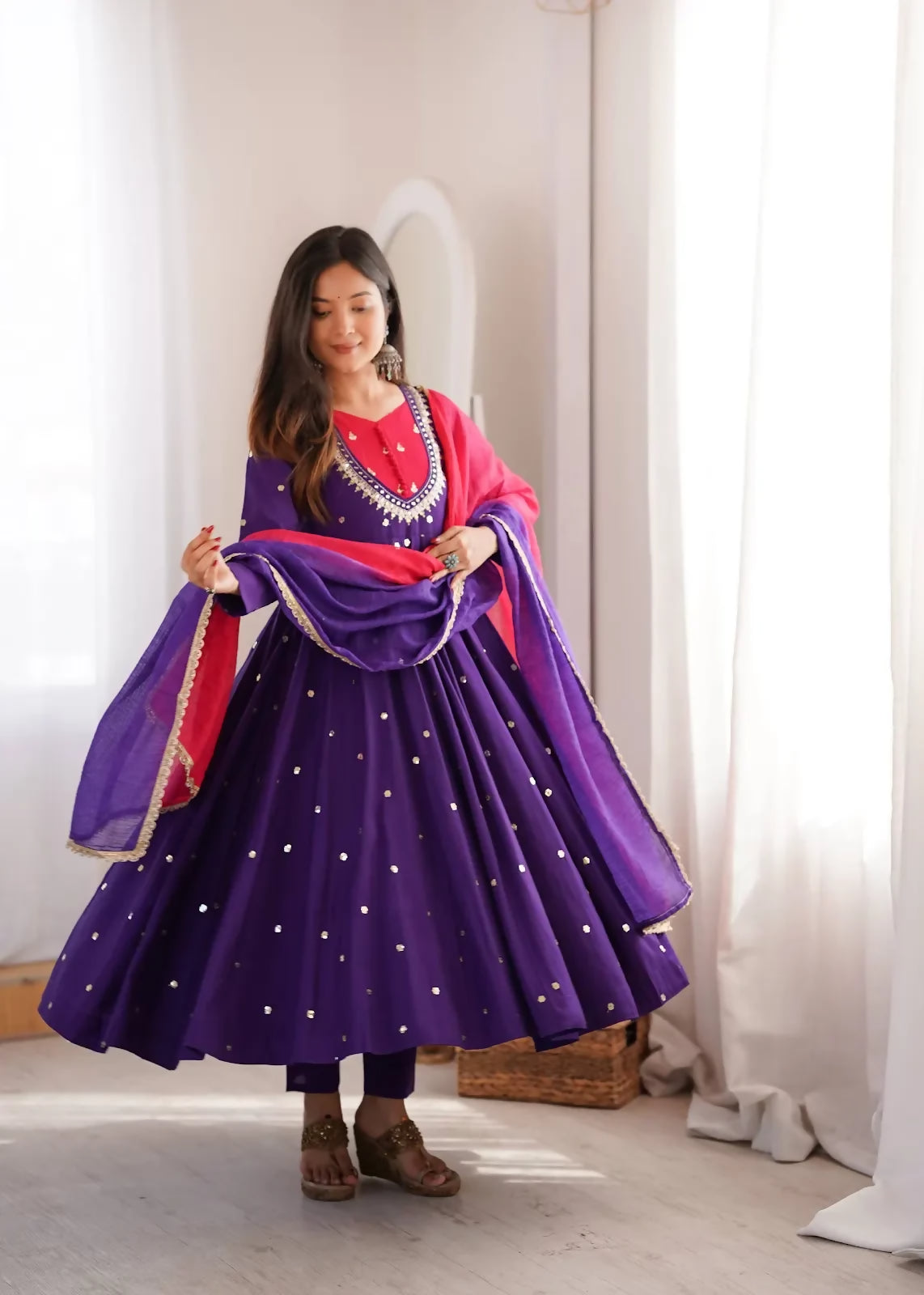 Teeya Creation Premium Jambli Heavy Neck Embroidery Anarkali Suit Set with Dupatta & Pant