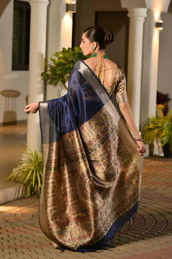 Vishnu Weaves Women's Blue Soft Tussar Silk Printed Saree with Blouse