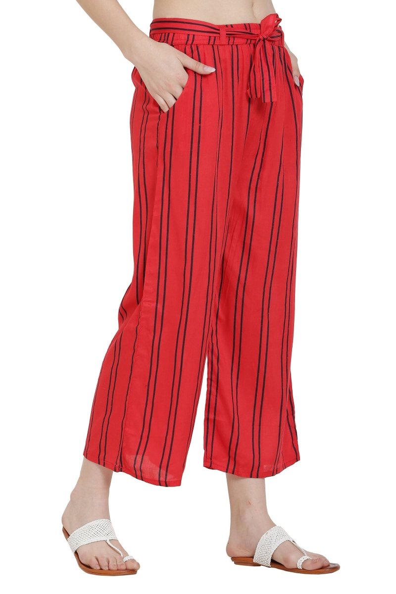 Asmaani Red Color Rayon Fabric Stripped Palazzo