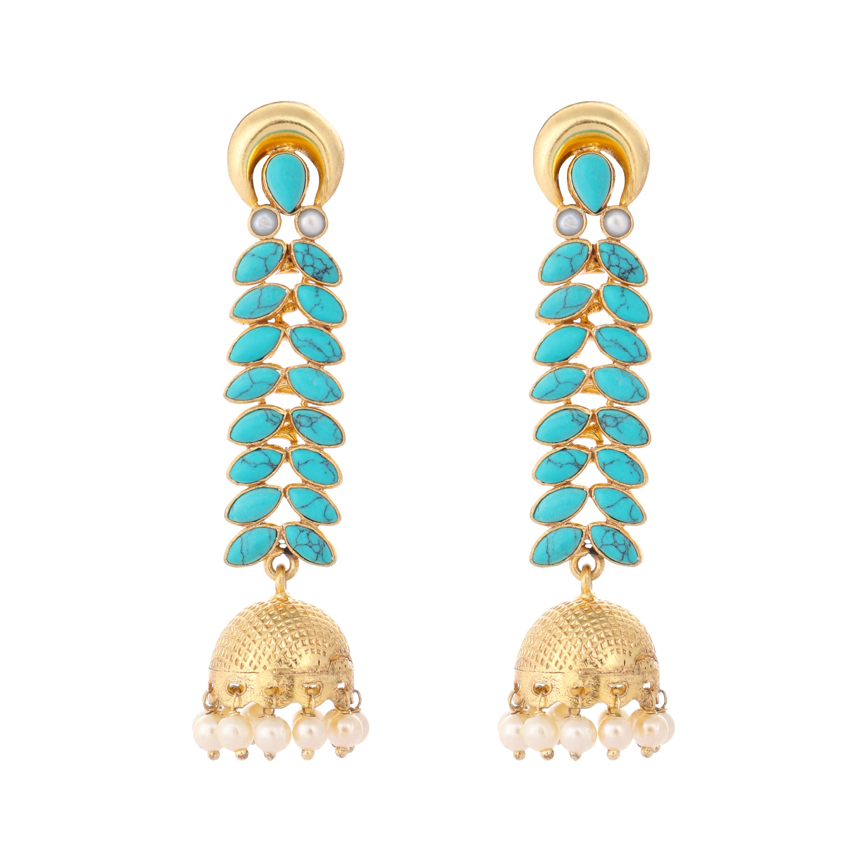 Nuyug 22K Gold Plated Pearl & Turquoise Stone Studded Contemporary Shaped Jhumkas