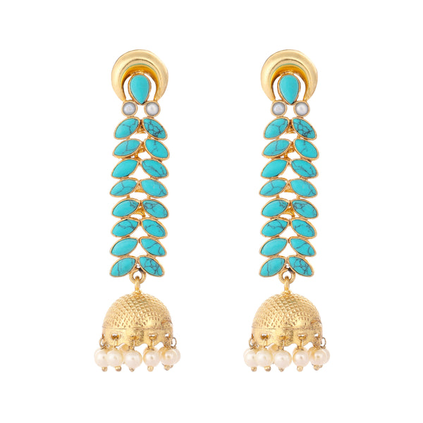 Nuyug 22K Gold Plated Pearl & Turquoise Stone Studded Contemporary Shaped Jhumkas