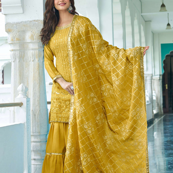 Joban Fashion Yellow Kurta Set Chinon Silk Embroidery Sequence Work - Distacart