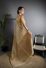 Thumbnail for Joban Fashion Ivory Banarasi Soft Lichi Silk Checks & Woven Saree - Distacart