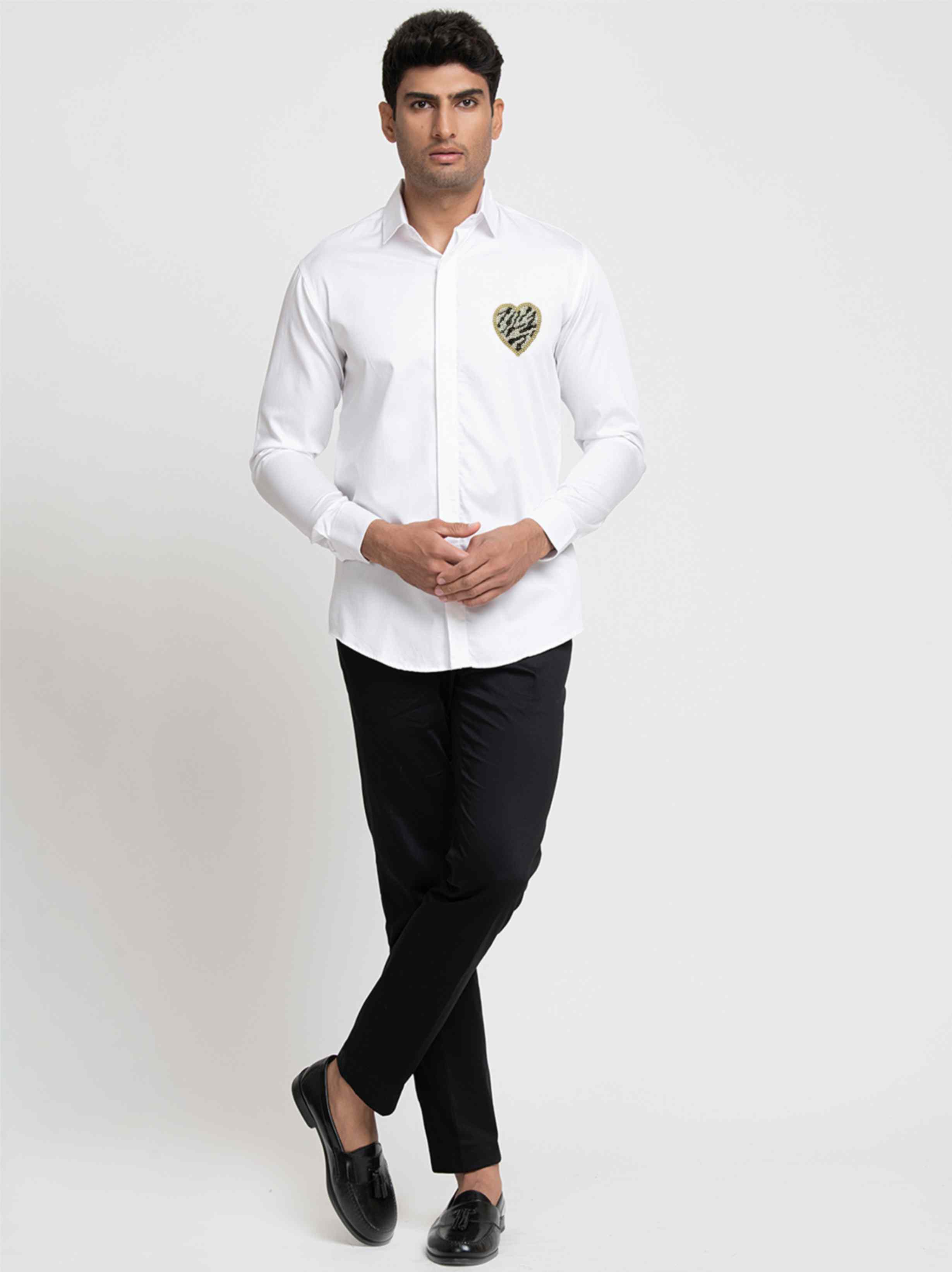 White And Black Heart Shaped Patch Shirt by Hilo Design - Distacart