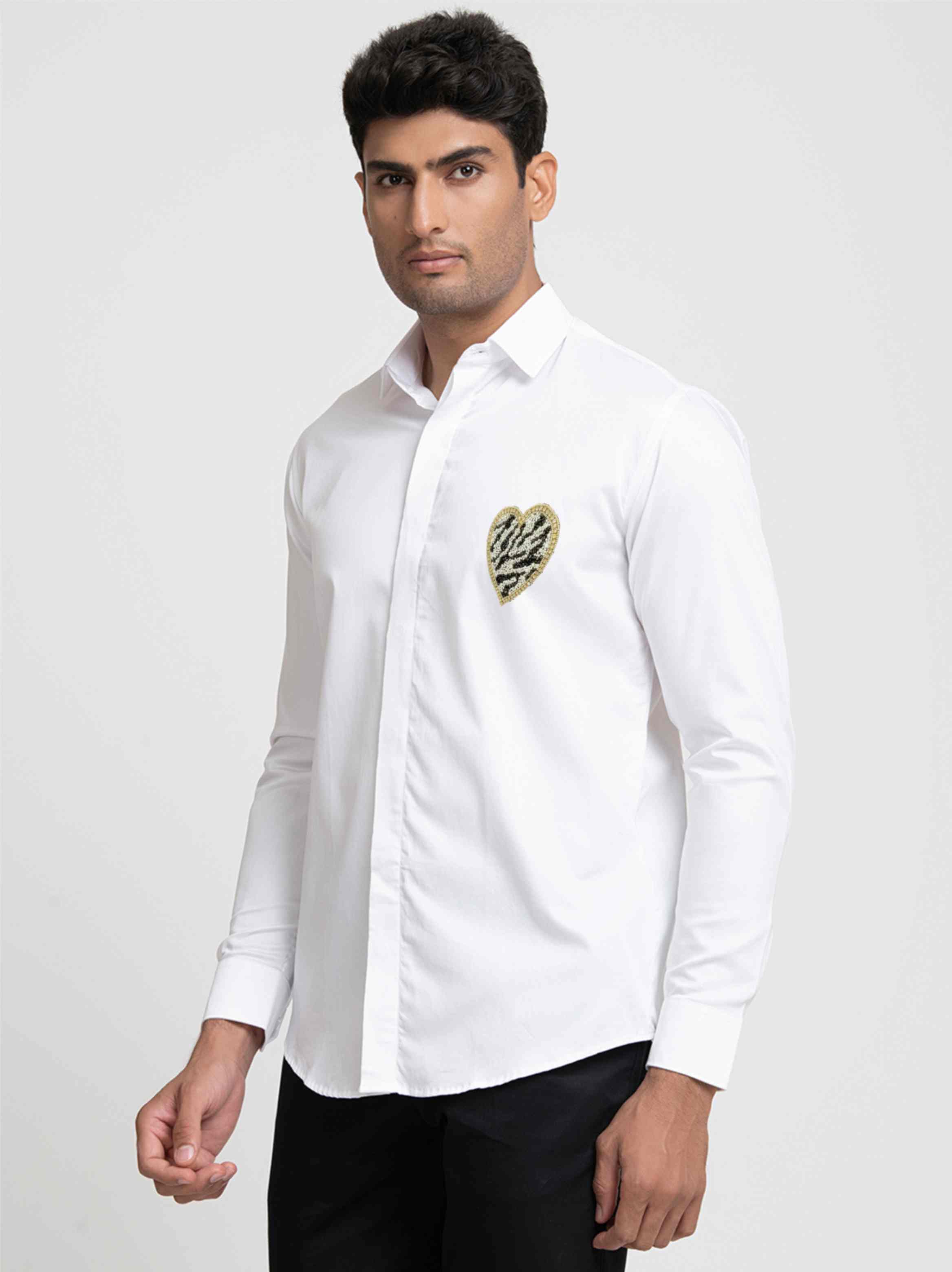 White And Black Heart Shaped Patch Shirt by Hilo Design