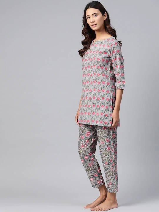 Anubhutee Grey & Pink Pure Cotton Printed Night suit - Distacart