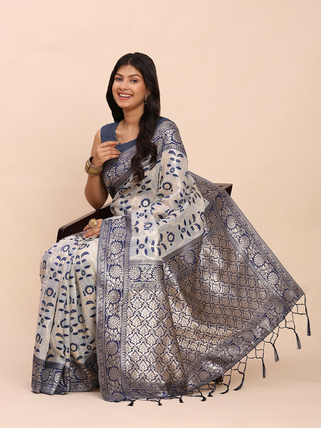 Astita Linen Cotton Navy Blue Saree